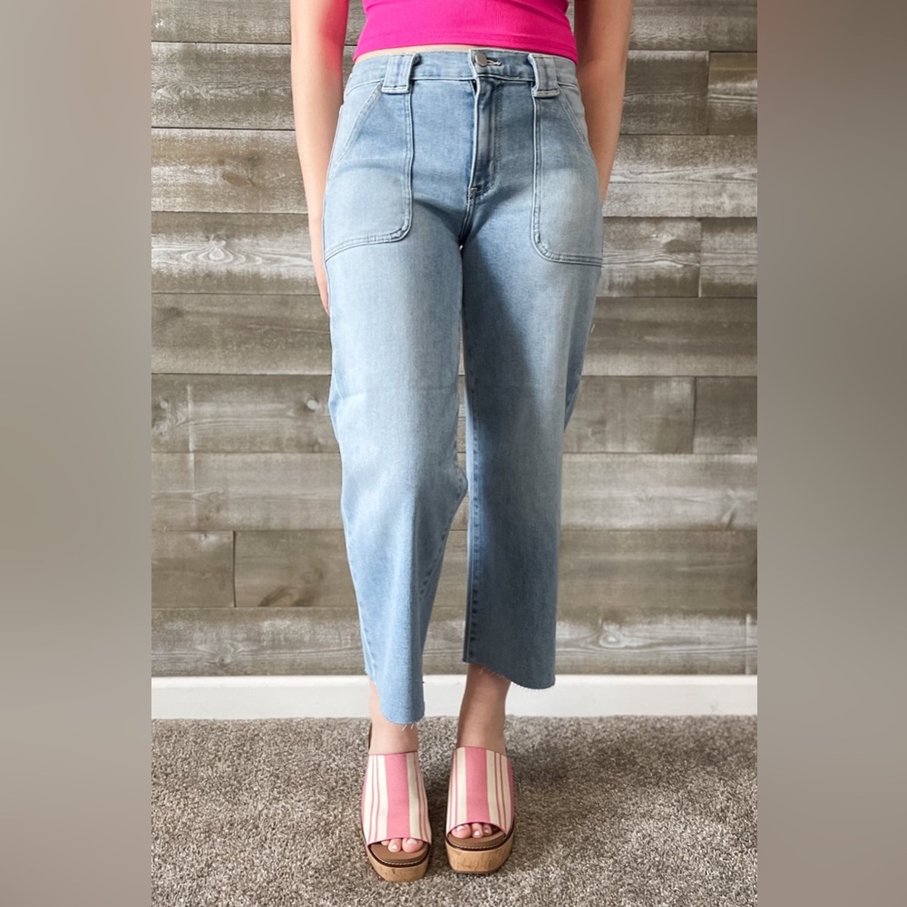Just Black Denim Petite Palazzo Wide Leg Jeans Patch Pockets Light Wash BP506JP